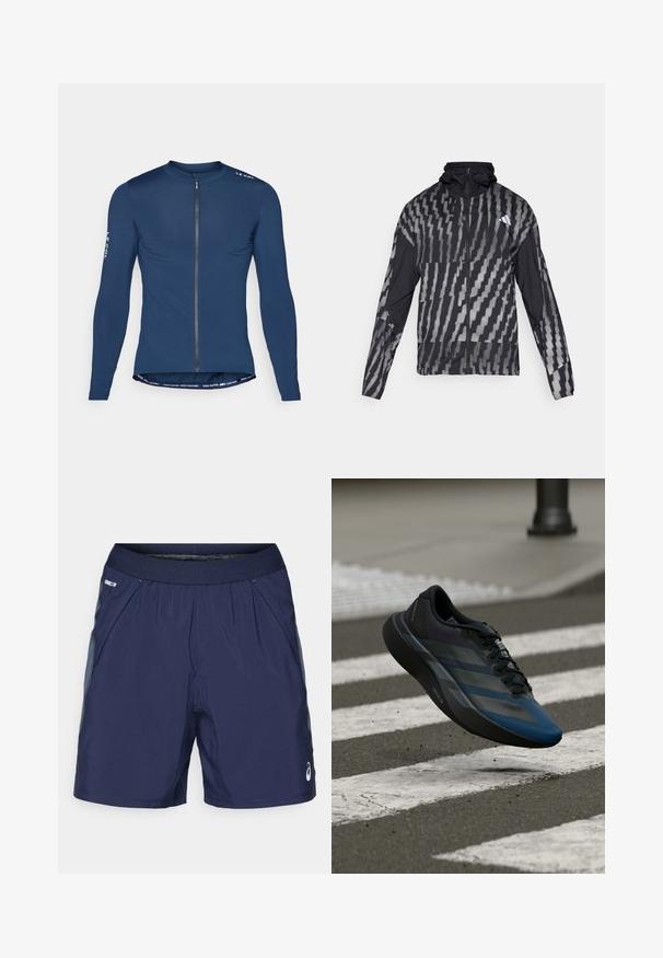 Lehká černá bunda s geometrickým bílým vzorem. Obsahuje vysoký límec, celoplošný zip a dlouhé rukávy.; Námořnická cyklistická dres s dlouhým rukávem, předním zipem, logem na rameni a kontrastním textem na spodním lemu. Hladká tkanina.; Tmavě modré sportovní šortky s elastickým pasem, bočními kapsami a světle šedými akcenty. Vyrobeny z lehké, hladké tkaniny pro pohodlí.; Černá a modrá sportovní obuv s aerodynamickým designem, s texturovaným svrškem, kontrastními pruhy a polstrovanou podešví, visící nad chodníkem.