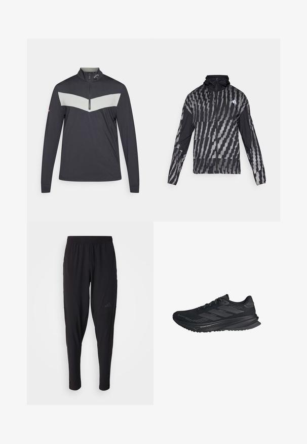 Lätt svart jacka med ett geometriskt vitt mönster. Har hög krage, full dragkedja framtill och långa ärmar.; Kvart dragkedja pullovers i mörkgrått med ett ljust grått chevronmönster över bröstet. Har långärmar och en texturerad tyg.; Svarta sportbyxor med elastisk midja, avsmalnande design, sidofickor och diskret logodetalj. Tillverkade av flexibelt, andningsbart tyg.; Svarta Adidas löparskor med Gore-Tex ovandel, tre ränder på sidan och "Dreamstrike" på sulan, sedd från utsidan.