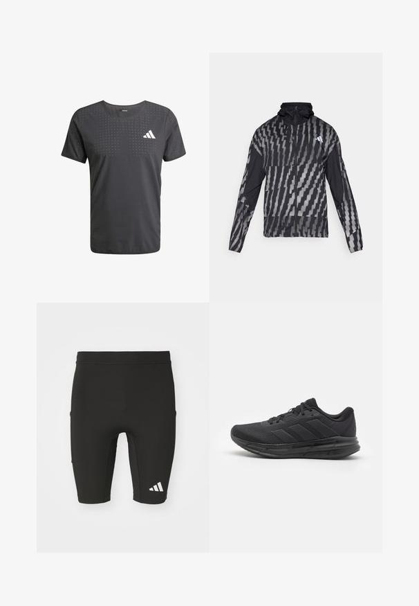 Lightweight black jacket featuring a geometric white pattern. Includes a high collar, full zip front, and long sleeves.; Men's black athletic T-shirt with a crew neck, featuring a perforated design and white logo on the left chest. Made of lightweight fabric.; Black athletic shorts with a fitted design, made from stretch fabric. Features three pockets and a white Adidas logo on the lower leg.; Black athletic shoe with a mesh upper, rubber sole, textured design, and three stripes detail on the side. Foam cushioning for comfort.