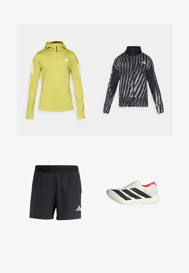 Giacca nera leggera con un motivo geometrico bianco. Include un colletto alto, zip frontale completa e maniche lunghe.; Felpa con cappuccio verde chiaro a maniche lunghe con mezza zip, con strisce bianche sulle maniche e un logo sul petto. Tessuto stretch testurizzato.; Pantaloni sportivi neri con elastico in vita, caratterizzati da una superficie liscia e un logo bianco riflettente sul lato sinistro inferiore.; Scarpa atletica bianca con strisce diagonali nere, dettagli rossi sul tallone e una tomaia testurizzata; presenta un'imbottitura LIGHTSTRIKE PRO.