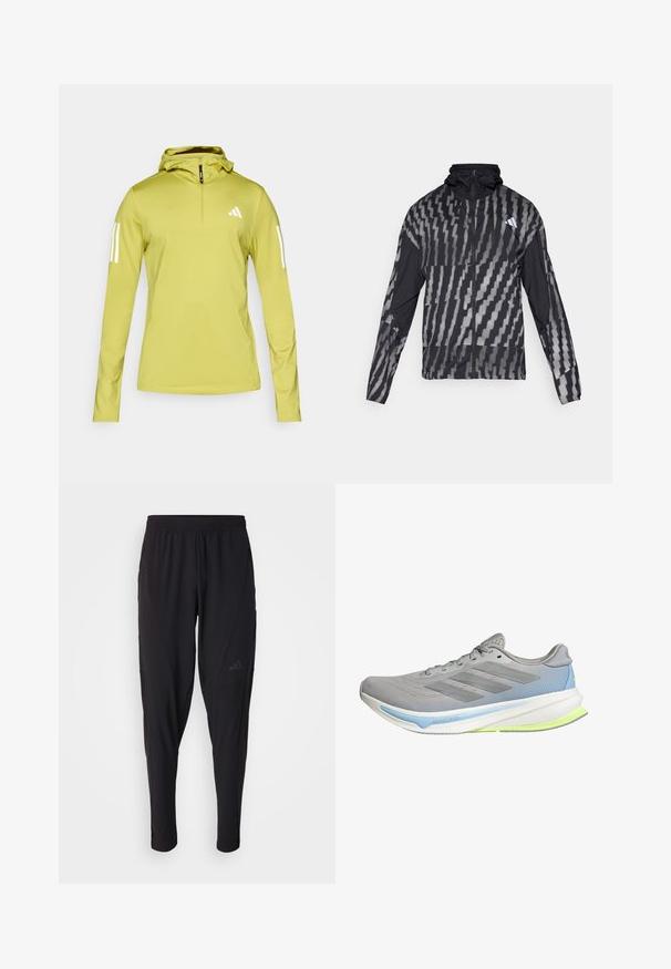 Könnyű fekete dzseki, geometrikus fehér mintával. Magas gallérral, teljes cipzárral és hosszú ujjal rendelkezik.; Világoszöld, hosszúujjú kapucnis pulóver félig cipzárral, fehér csíkokkal az ujjakon és logóval a mellen. Texturált, elasztikus anyag.; Fekete sportnadrág elasztikus derékpánttal, keskenyített fazonnal, oldalsó zsebekkel és diszkrét logóval. Rugalmas, légáteresztő anyagból készült.; Könnyű futócipő szürke hálós anyagból, kék és lime zöld kiegészítőkkel. Görbült talppal, struktúrált mintával és hat fűzőlyukkal rendelkezik.