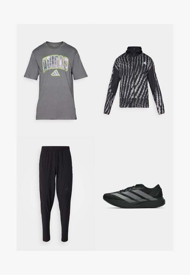 Lett svart jakke med et geometrisk hvitt mønster. Har høy krage, hel glidelås foran og lange ermer.; Grå bomulls t-skjorte med en iøynefallende, flerfarget "ADIDAS"-logo over brystet, med rund hals og korte ermer.; Svarte treningsbukser med elastisk midje, smal design, sidelommer og subtil logo. Laget av fleksibelt, pustende stoff.; Sorte svarte treningssko med lett design, med tre fremtredende grå striper, en glatt tekstur og en formet såle.