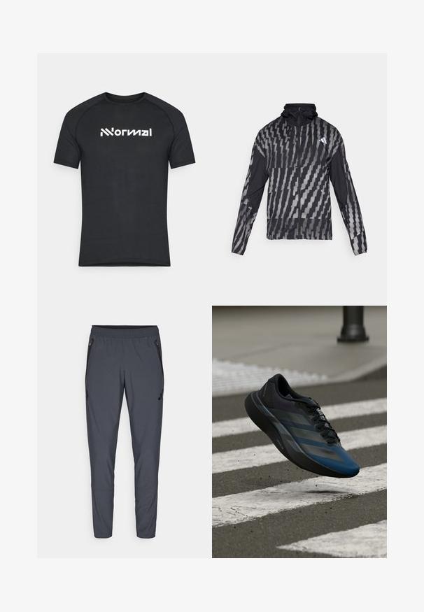 Kerge must jakk, millel on geomeetriline valge muster. Sisaldab kõrget kaelust, täispikkuse visiiri ning pikki varrukaid.; Must-haves trükkidega must lühikeste varrukatega t-särk, valmistatud tekstureeritud kangast. Rinnal on kaasaegses kirjas valge logo "Normal".; Hallid hallid spordipüksid elastse vöökohtaga, lukuga küljetaskud ja logo detail vasakul reiel. Valmistatud kergest kangast.; Must ja sinine spordijalats voolava disainiga, millel on tekstureeritud üliskihiga, kontrastsed triibud ja pehme tallaga, hõljumas asfaldipinna kohal.