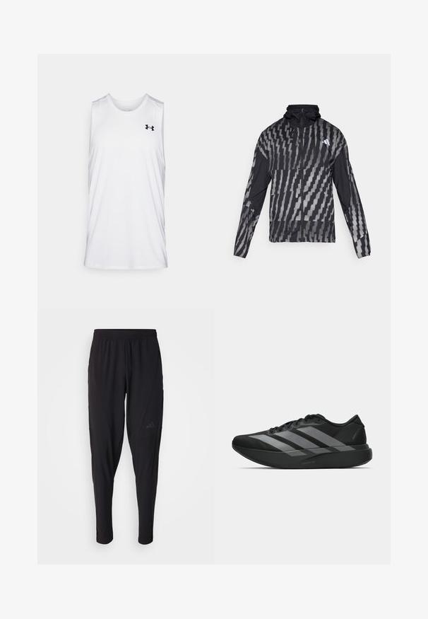 Lahka črna jakna s geometrijskim belim vzorcem. Ima visok ovratnik, poln zadrgo in dolge rokave.; Bela brezrokavna atletska majica iz lahkega materiala, z okroglo odprtino za vrat in črnim logotipom na levi strani prsnega koša.; Črne športne hlače z elastiko v pasu, zožanega kroja, stranskimi žepi in diskretnim logotipom. Narejene iz fleksibilnega, zračnega materiala.; Crne atletske čevlje z lahkotno zasnovo, ki imajo tri izrazite sive črte, gladko teksturo in oblikovano podplat.