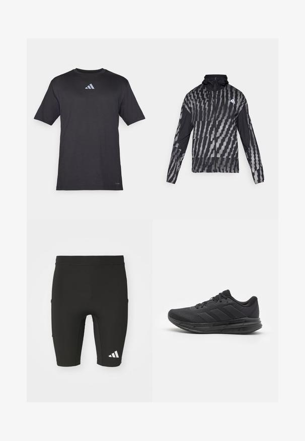 Chaqueta negra ligera con un patrón geométrico blanco. Incluye un alto cuello, cierre frontal completo y mangas largas.; Camiseta deportiva negra de manga corta, hecha de tela ligera, que presenta un sutil logo reflectante de Adidas en el pecho.; Pantalones cortos deportivos negros con un diseño ajustado, fabricados con tejido elástico. Presentan tres bolsillos y un logo blanco de Adidas en la parte inferior de la pierna.; Zapatilla deportiva negra con parte superior de malla, suela de goma, diseño texturizado y detalle de tres franjas en el costado. Amortiguación de espuma para mayor comodidad.