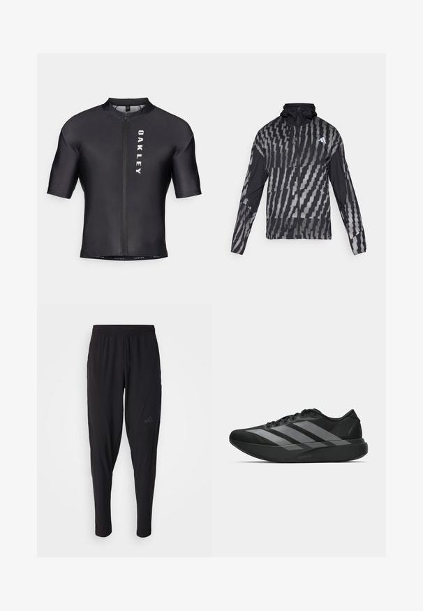 Lett svart jakke med et geometrisk hvitt mønster. Har høy krage, hel glidelås foran og lange ermer.; Korte ermes sykkeldrakt laget av svart, glatt stoff. Har glidelås foran og "OAKLEY" trykt i hvitt på venstre side.; Svarte treningsbukser med elastisk midje, smal design, sidelommer og subtil logo. Laget av fleksibelt, pustende stoff.; Sorte svarte treningssko med lett design, med tre fremtredende grå striper, en glatt tekstur og en formet såle.
