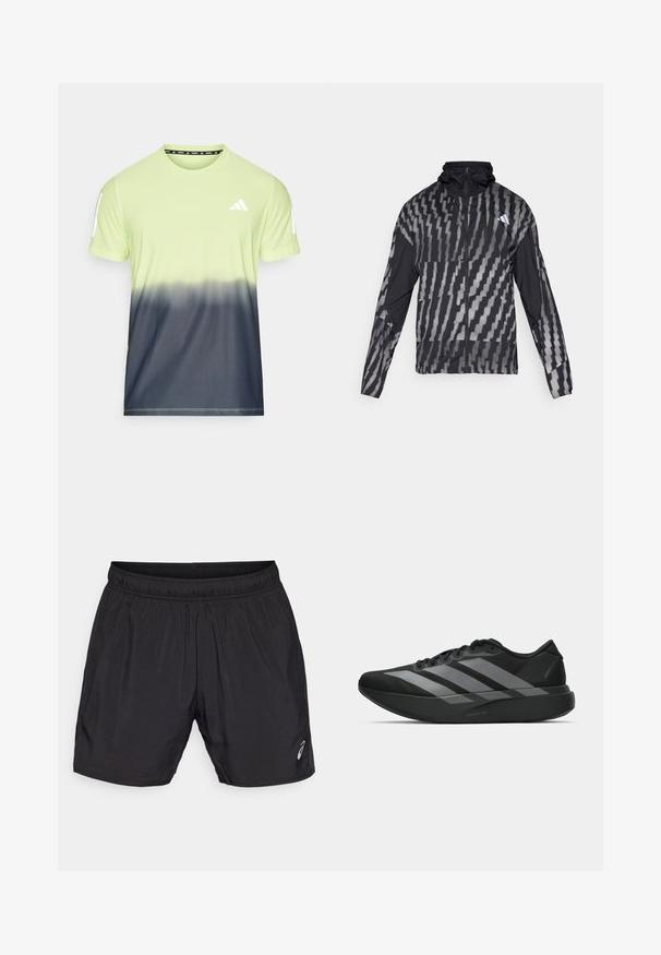 Jachetă neagră ușoară cu un model geometric alb. Include un guler înalt, fermoar pe toată lungimea din față și mâneci lungi.; Tricou de performanță pentru bărbați cu mâneci scurte, având un gradient de la verde lime deschis la gri închis. Confecționat dintr-un material respirabil, cu accente de logo.; Shorts sportivi negri, confecționați dintr-un material ușor, având un brâu elastic și un mic logo pe partea stângă jos.; Pantofi sport negri cu un design ușor, prezentând trei dungi gri proeminente, o textură netedă și o talpă conturată.