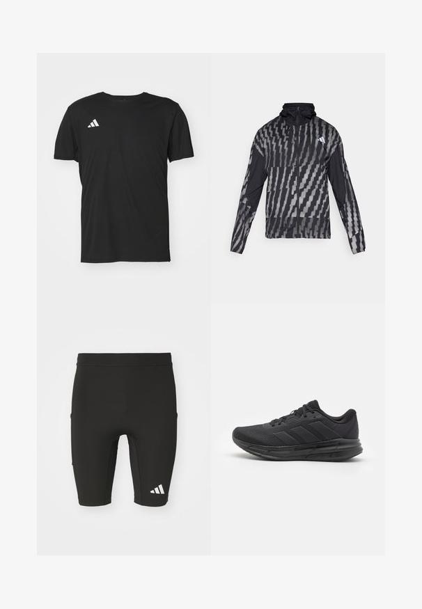 Lett svart jakke med et geometrisk hvitt mønster. Har høy krage, hel glidelås foran og lange ermer.; Svart idretts-t-skjorte laget av lett stoff, med kort erm og rund hals. Hvitt Adidas-logo på øvre venstre side.; Sorte treningshorts med en tettsittende design, laget av elastisk stoff. Har tre lommer og en hvit Adidas-logo på nederste del av benet.; Svart idrettssko med mesh-overdel, gummisåle, teksturert design og tre striper på siden. Skummende polstring for komfort.
