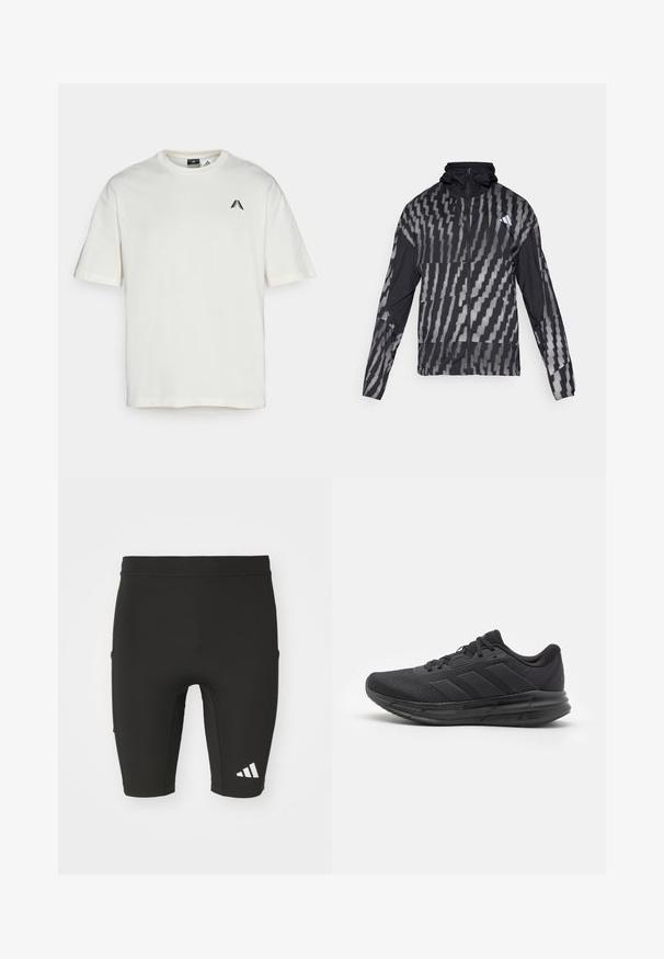 Könnyű fekete dzseki, geometrikus fehér mintával. Magas gallérral, teljes cipzárral és hosszú ujjal rendelkezik.; adidas Performance ANTHONY ADWARDS ANTED TEE - Sportfelső - cloud white; Fekete sportnadrág, illeszkedő kialakítással, rugalmas anyagból készült. Három zseb található rajta, és a bal alsó lábán fehér Adidas logó látható.; Fekete sportcipő, hálós felsőrésszel, gumitalppal, textúrált dizájnnal és háromcsíkos részlettel az oldalon. Habpárnázás a kényelem érdekében.