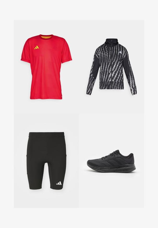 Kerge must jakk, millel on geomeetriline valge muster. Sisaldab kõrget kaelust, täispikkuse visiiri ning pikki varrukaid.; Punane sporditee, mis on valmistatud kergest kangast. Omab ümmargust kaelust, lühikesi varrukaid ja kollast logot vasakul rinnaosal.; Mustad mustrid spordiligid, mis on vooderdatud ja valmistatud venivast kangast. Omab kolme taskut ja valget Adidas logo alumises sääres.; Must have spordijalanõud, millel on võrgust ülemine osa, kummist tald, tekstuuriga disain ja kolm triipu külgedel. Vahtpolsterdus mugavuse tagamiseks.