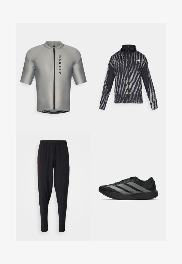 Lett svart jakke med et geometrisk hvitt mønster. Har høy krage, hel glidelås foran og lange ermer.; Kortermet sykkeltrøye i glatt grått stoff med glidelås foran, med en svart "OAKLEY" logo og en tettsittende design.; Svarte treningsbukser med elastisk midje, smal design, sidelommer og subtil logo. Laget av fleksibelt, pustende stoff.; Sorte svarte treningssko med lett design, med tre fremtredende grå striper, en glatt tekstur og en formet såle.