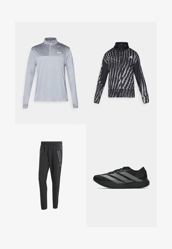 Lengvas juodas švarkas su geometriniu baltu raštu. Su aukšta apykakle, pilnu užtrauktuku ir ilgomis rankovėmis.; Šviesiai pilkas ilgomis rankovėmis sportinis marškinėliai su ketvirčio užtrauktuku, turintis tekstūruotą viršutinę dalį ir subtilų ženklinimą ant krūtinės.; Juodos sportinės kelnės su elastiniu juosmeniu, dviem užtrauktukais užsegamomis šoninėmis kišenėmis, siaurėjančiu siluetu ir atspindinčiais akcentais priekyje.; Juodos sportinės avalynės, lengvos konstrukcijos, su trimis aiškiomis pilkomis juostomis, lygiu paviršiumi ir kontūrine padu.