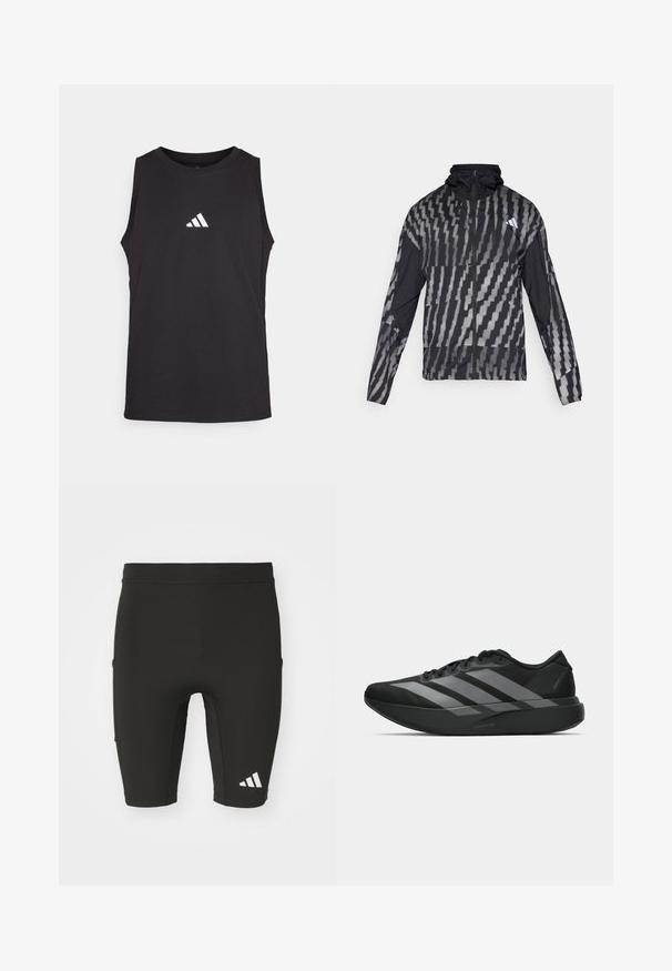 Lahka črna jakna s geometrijskim belim vzorcem. Ima visok ovratnik, poln zadrgo in dolge rokave.; Črna brezrokavna športna majica iz bombaža. Ima okroglo ovratnik in bel logotip Adidas na prsih. Gladka tekstura.; Črne atletske hlače s fitted dizajnom, narejene iz elastičnega materiala. Imajo tri žepe in belo Adidasovo logo na spodnjem delu hlač.; Crne atletske čevlje z lahkotno zasnovo, ki imajo tri izrazite sive črte, gladko teksturo in oblikovano podplat.