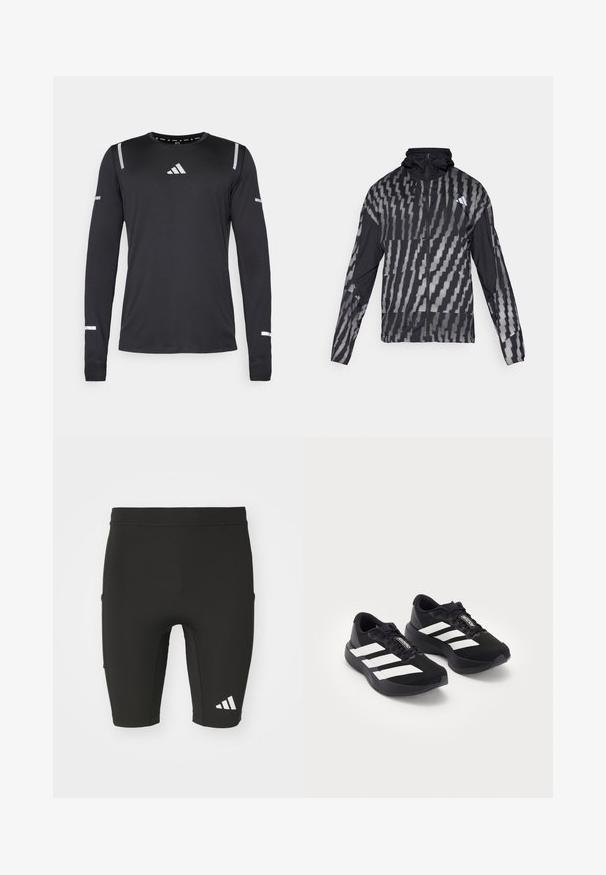 Lightweight black jacket featuring a geometric white pattern. Includes a high collar, full zip front, and long sleeves.; Long-sleeve athletic shirt in black fabric, featuring reflective silver accents on shoulders and sleeves, round neckline with light texture.; Black athletic shorts with a fitted design, made from stretch fabric. Features three pockets and a white Adidas logo on the lower leg.; Pair of black Adidas Adizero running shoes with white stripes and laces on white background, positioned side by side.