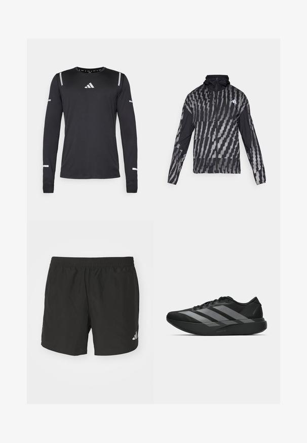 Leichte schwarze Jacke mit einem geometrischen weißen Muster. Enthält einen hohen Kragen, einen durchgehenden Reißverschluss und lange Ärmel.; Langärmliges Sportshirt aus schwarzem Stoff, mit reflektierenden silbernen Akzenten an Schultern und Ärmeln, runder Halsauschnitt mit leichter Textur.; Schwarze Sportshorts mit einem elastischen Taillenbund, seitlichen Schlitzen und reflektierenden Logoakzenten. Hergestellt aus leichtem, glattem Material.; Schwarze Sportschuhe mit einem leichten Design, ausgestattet mit drei auffälligen grauen Streifen, einer glatten Textur und einer konturierten Sohle.