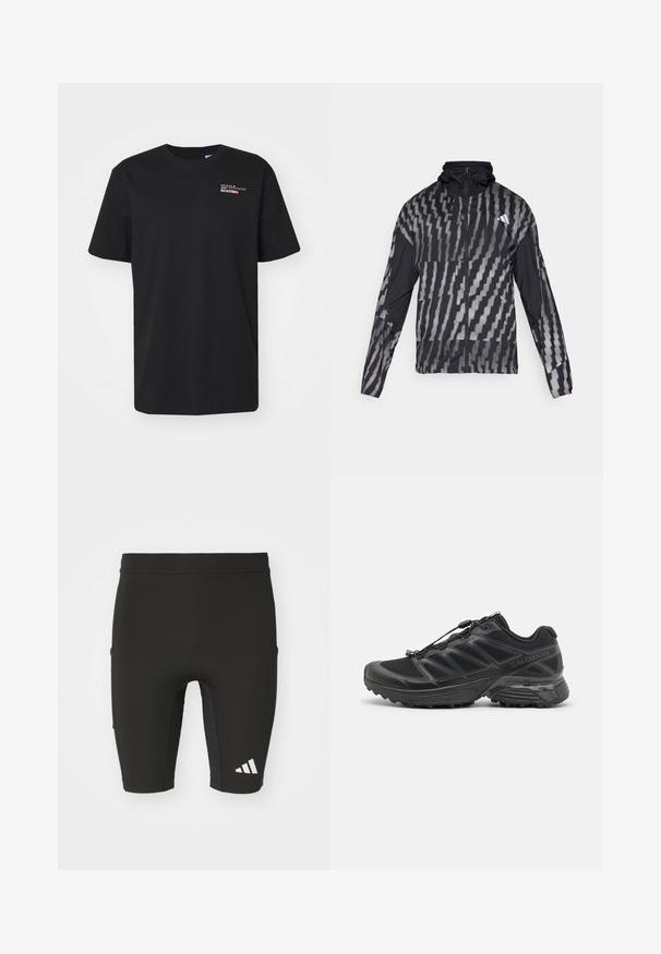 Lengvas juodas švarkas su geometriniu baltu raštu. Su aukšta apykakle, pilnu užtrauktuku ir ilgomis rankovėmis.; Juodas medvilnės marškinėliai su trumpomis rankovėmis ir apvaliu iškirpimu. Priekyje yra raudonos ir baltos spalvos grafiką su užrašu "KREKETAS".; Juodi sportiniai šortai su prigludusia forma, pagaminti iš elastingos medžiagos. Turi tris kišenes ir baltą Adidas logotipą ant apatinės kojos.; Juodas bėgimo batelis su tinkliniu ir sintetinėmis viršutinėmis dalimis, lanksčia pado dalimi ir elastingomis raištelėmis. Yra pagalvota vidurio dalis, užtikrinanti komfortą.