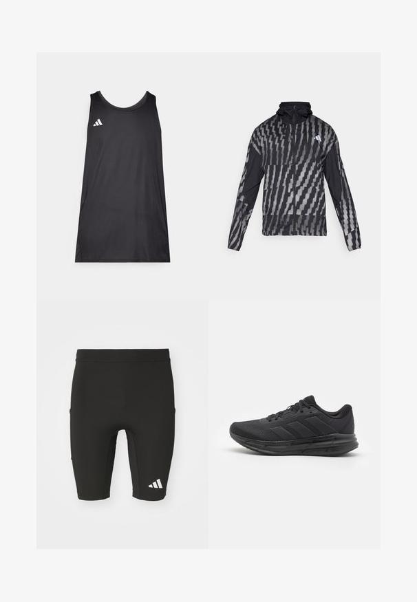 Lightweight black jacket featuring a geometric white pattern. Includes a high collar, full zip front, and long sleeves.; Black sleeveless athletic tank top made of lightweight fabric. Features a round neckline and an Adidas logo in white on the left chest.; Black athletic shorts with a fitted design, made from stretch fabric. Features three pockets and a white Adidas logo on the lower leg.; Black athletic shoe with a mesh upper, rubber sole, textured design, and three stripes detail on the side. Foam cushioning for comfort.