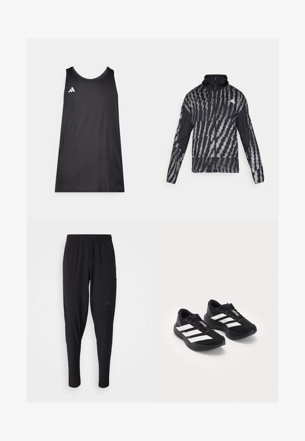 Lettet sort jakke med et geometrisk hvidt mønster. Inkluderer en høj krave, fuld lynlås fortil og lange ærmer.; Sort ærmeløs atletisk tanktop lavet af letvægtsstof. Har en rund halsudskæring og et hvidt Adidas-logo på venstre bryst.; Sorte træningsbukser med elastisk talje, tætsiddende design, sidelommer og diskret logo-detail. Fremstillet af fleksibelt, åndbart stof.; Et par sorte Adidas Adizero løbesko med hvide striber og snørebånd på hvid baggrund, placeret side om side.
