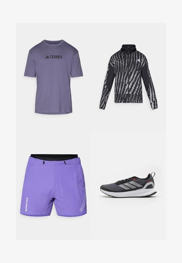 Könnyű fekete dzseki, geometrikus fehér mintával. Magas gallérral, teljes cipzárral és hosszú ujjal rendelkezik.; Lila, rövid ujjú póló sima szövetből, fekete "TERREX" logóval a mellkason és kör alakú nyakkivágással.; Salomon SENSE SHORTS - Sport rövidnadrágok - liberty; Fekete futócipő szürke díszítésekkel. Jellemzői a textúrált felsőrész, a masszív talp és a fényvisszaverő csíkok. Könnyű kialakítás, párnázott középtalp.