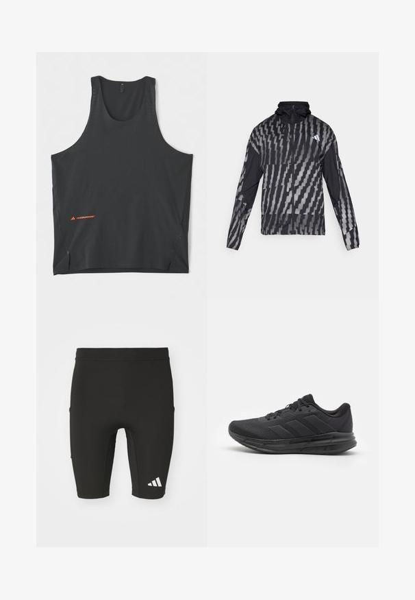 Giacca nera leggera con un motivo geometrico bianco. Include un colletto alto, zip frontale completa e maniche lunghe.; adidas Performance ADI365 HERMANOS KOUMORI SINGLET - Top - black; Pantaloni sportivi neri con un design aderente, realizzati in tessuto elasticizzato. Presentano tre tasche e un logo Adidas bianco sulla gamba inferiore.; Scarpa sportiva nera con tomaia in rete, suola in gomma, design testurizzato e dettaglio a tre strisce sul lato. Imbottitura in schiuma per il comfort.