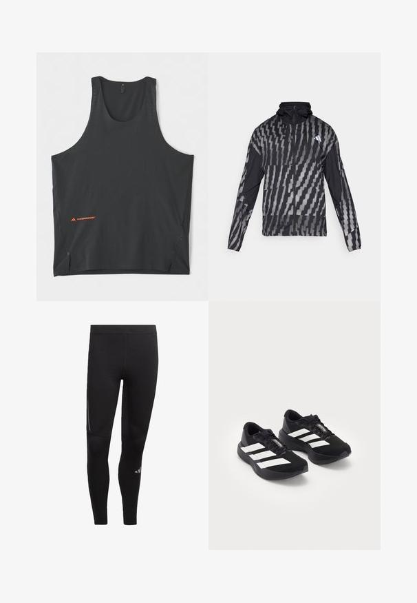 Lightweight black jacket featuring a geometric white pattern. Includes a high collar, full zip front, and long sleeves.; adidas Performance ADI365 HERMANOS KOUMORI SINGLET  - Top - black; Black athletic leggings made of stretchy material, featuring a high waistband, reflective accents, and a logo near the ankle. Smooth texture.; Pair of black Adidas Adizero running shoes with white stripes and laces on white background, positioned side by side.