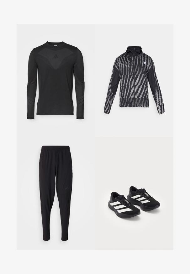Lengvas juodas švarkas su geometriniu baltu raštu. Su aukšta apykakle, pilnu užtrauktuku ir ilgomis rankovėmis.; Juodas ilgomis rankovėmis sportinis marškinėliai su tinklo tekstūra, prigludęs dizainas ir trijų juostelių akcentai ant rankovių. Pagamintas iš kvėpuojančios medžiagos.; Juodos sportinės kelnės su elastinga juosmeniu, siaurėjantis dizainas, šoninės kišenės ir subtilus logotipo detalė. Pagamintos iš lankstaus, kvėpuojančio audinio.; Juodos Adidas Adizero bėgimo bateliai su baltais dryžiais ir raišteliais ant balto fono, statomi šalia vienas kito.