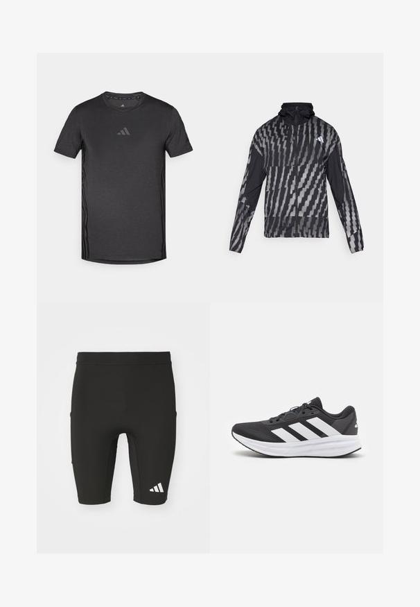 Lightweight black jacket featuring a geometric white pattern. Includes a high collar, full zip front, and long sleeves.; Black athletic t-shirt with short sleeves, made of breathable fabric. Features a subtle logo on the chest and textured side accents.; Black athletic shorts with a fitted design, made from stretch fabric. Features three pockets and a white Adidas logo on the lower leg.; Black athletic shoe with a textured mesh upper, white three-stripe design, cushioned sole, and black rubber outsole.