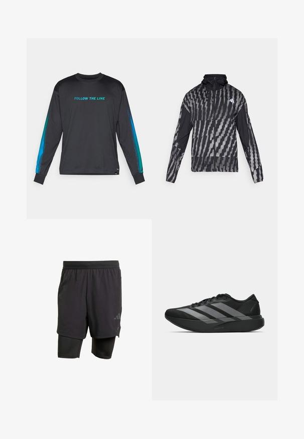 Giacca nera leggera con un motivo geometrico bianco. Include un colletto alto, zip frontale completa e maniche lunghe.; Maglietta nera a maniche lunghe con la scritta "SEGUI LA LINEA" in turchese. Presenta dettagli in gradiente blu sulle maniche e un design con scollatura a girocollo.; Pantaloni sportivi neri con strato interno integrato, realizzati in tessuto traspirante. Presentano un logo discreto e una texture strutturata. Vita regolabile.; Scarpe sportive nere con un design leggero, caratterizzate da tre strisce grigie prominenti, una superficie liscia e una suola sagomata.