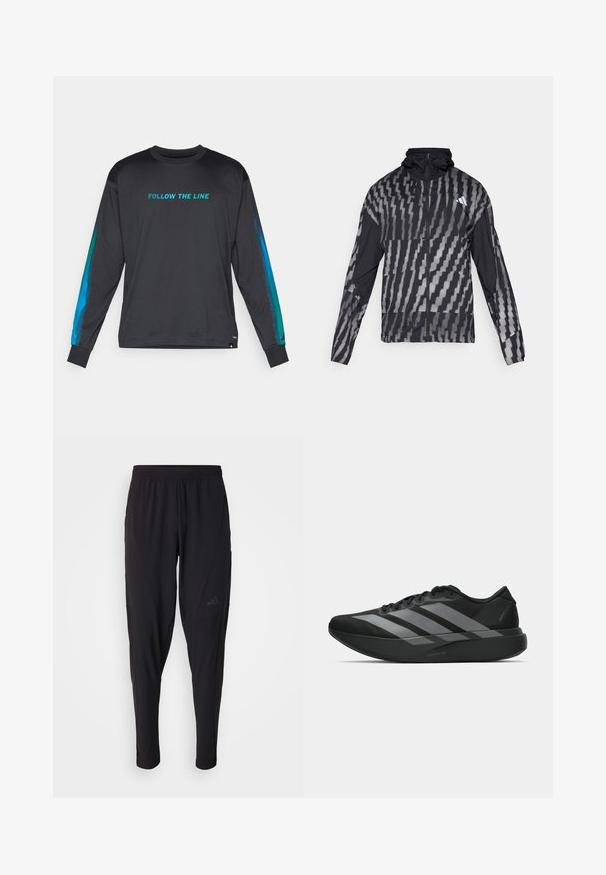 Leichte schwarze Jacke mit einem geometrischen weißen Muster. Enthält einen hohen Kragen, einen durchgehenden Reißverschluss und lange Ärmel.; Schwarzes Langarmshirt mit "FOLLOW THE LINE" in Türkis. Mit blauen Farbverlauf-Akzenten an den Ärmeln und einem Rundhalsausschnitt.; Schwarze Sporthosen mit elastischem Bund, tailliertem Design, Seitentaschen und dezenten Logo-Details. Hergestellt aus flexiblem, atmungsaktivem Material.; Schwarze Sportschuhe mit einem leichten Design, ausgestattet mit drei auffälligen grauen Streifen, einer glatten Textur und einer konturierten Sohle.