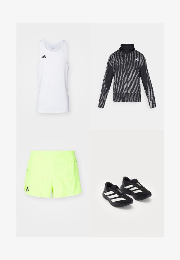 Lichte zwarte jas met een geometrisch wit patroon. Bevat een hoge kraag, volledige rits aan de voorkant en lange mouwen.; Witte mouwloze sport tanktop van lichtgewicht stof, met het zwarte Adidas-logo op de linkerborst en een ronde halslijn.; Neon gele sportshorts met een elastische tailleband, zijzakken en een zwart logo aan de onderkant links. Glad, lichtgewicht stof.; Een paar zwarte Adidas Adizero hardloopschoenen met witte strepen en veters op een witte achtergrond, zij aan zij gepositioneerd.