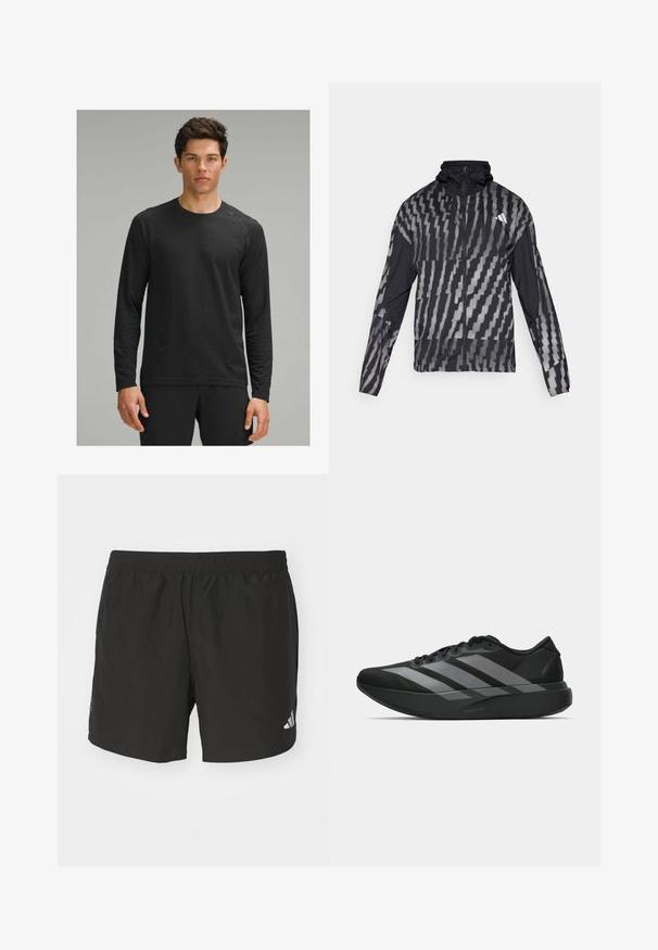 Lengvas juodas švarkas su geometriniu baltu raštu. Su aukšta apykakle, pilnu užtrauktuku ir ilgomis rankovėmis.; Juodas ilgomis rankovėmis marškinėliai su tekstūruotu raštu, apvaliu kaklu ir raglano rankovėmis, dėvimi su juodomis sportinėmis kelnėmis.; Juodi sportiniai šortai su elastinga juosmena, šoninėmis plyšiais ir atspindinčiais logotipais. Pagaminti iš lengvos, lygaus audinio.; Juodos sportinės avalynės, lengvos konstrukcijos, su trimis aiškiomis pilkomis juostomis, lygiu paviršiumi ir kontūrine padu.