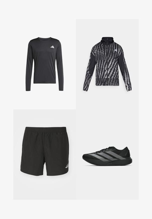 Leichte schwarze Jacke mit einem geometrischen weißen Muster. Enthält einen hohen Kragen, einen durchgehenden Reißverschluss und lange Ärmel.; Schwarzes langärmliges Sportshirt aus glattem, leichtem Material mit einem kleinen weißen Logo oben links. Einfaches und figurbetontes Design.; Schwarze Sportshorts mit einem elastischen Taillenbund, seitlichen Schlitzen und reflektierenden Logoakzenten. Hergestellt aus leichtem, glattem Material.; Schwarze Sportschuhe mit einem leichten Design, ausgestattet mit drei auffälligen grauen Streifen, einer glatten Textur und einer konturierten Sohle.