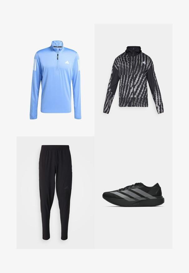 Giacca nera leggera con un motivo geometrico bianco. Include un colletto alto, zip frontale completa e maniche lunghe.; Maglietta sportiva a maniche lunghe di colore azzurro chiaro con una zip quarti, realizzata in tessuto morbido. Presenta dettagli a tre strisce bianche su entrambe le maniche.; Pantaloni sportivi neri con vita elastica, design affusolato, tasche laterali e dettagli logo discreti. Realizzati in tessuto flessibile e traspirante.; Scarpe sportive nere con un design leggero, caratterizzate da tre strisce grigie prominenti, una superficie liscia e una suola sagomata.