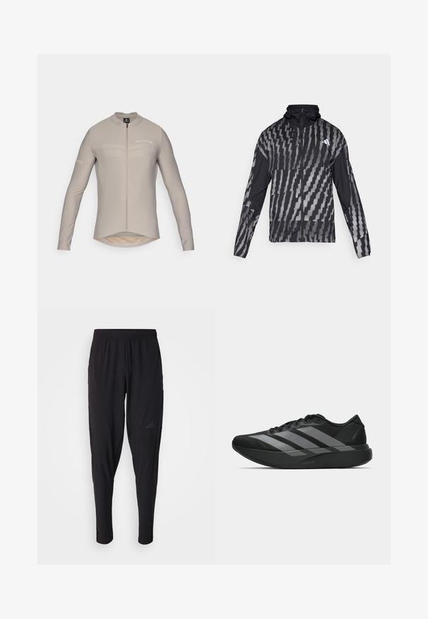 Lagani crni jakna s geometrijskim bijelim uzorkom. Ima visoki ovratnik, puni zip sprijeda i dugačke rukave.; Svijetlo bež dugih rukava biciklistička majica s visokim ovratnikom, prednjim zatvaračem i suptilnim logotipom. Ima produženi stražnji dio i glatku teksturu tkanine.; Crne sportske hlače s elastičnim pojasom, suženim dizajnom, bočnim džepovima i suptilnim logotipom. Izrađene od fleksibilne, prozračne tkanine.; Crne atletske tenisice s laganim dizajnom, koje imaju tri istaknute sive pruge, glatku teksturu i oblikovanu pogodnu potplat.