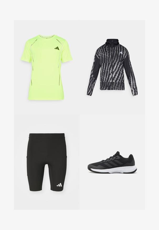 Lett svart jakke med et geometrisk hvitt mønster. Har høy krage, hel glidelås foran og lange ermer.; Neongul athletisk T-skjorte med korte ermer, svarte detaljer og logo. Laget av lett, pustende materiale med en glatt tekstur.; Sorte treningshorts med en tettsittende design, laget av elastisk stoff. Har tre lommer og en hvit Adidas-logo på nederste del av benet.; Svart idrettssko med teksturert overdel, tre horisontale striper, og en hvit såle med mønstret gummibunn. Lettvekts og strømlinjeformet design.