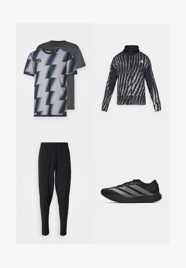Könnyű fekete dzseki, geometrikus fehér mintával. Magas gallérral, teljes cipzárral és hosszú ujjal rendelkezik.; Két rövid ujjú póló: az egyik szürke, diszkrét textúrával, a másik fekete-fehér cikk-cakk mintázattal, mindkettő kerek nyakú.; Fekete sportnadrág elasztikus derékpánttal, keskenyített fazonnal, oldalsó zsebekkel és diszkrét logóval. Rugalmas, légáteresztő anyagból készült.; Fekete sportcipők könnyű kialakítással, három kiemelkedő szürke csíkkal, sima textúrával és kontúros talppal.