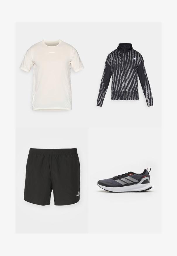 Lett svart jakke med et geometrisk hvitt mønster. Har høy krage, hel glidelås foran og lange ermer.; Beige Salomon kortermet trening T-skjorte med rund hals og subtile hvite grafiske linjer på sidene.; Sorte atletiske shorts med elastisk midje, sidelukninger og reflekterende logo aksenter. Laget av lett, glatt stoff.; Løpesko i svart med grå detaljer. Har en teksturert overdel, solid såle og reflekterende striper. Lett design med polstret mellomsåle.