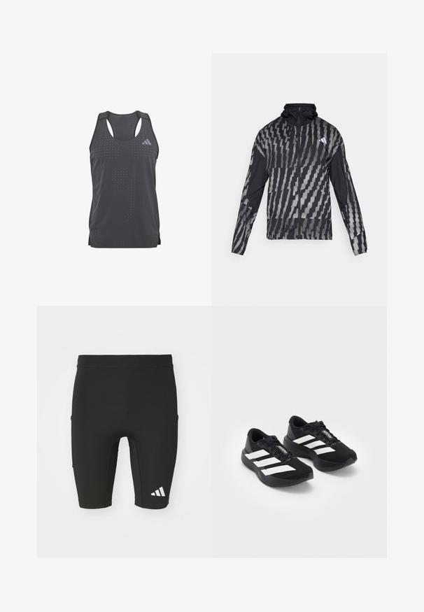 Lightweight black jacket featuring a geometric white pattern. Includes a high collar, full zip front, and long sleeves.; adidas Performance ADIZERO TANK - Top - black; Black athletic shorts with a fitted design, made from stretch fabric. Features three pockets and a white Adidas logo on the lower leg.; Pair of black Adidas Adizero running shoes with white stripes and laces on white background, positioned side by side.