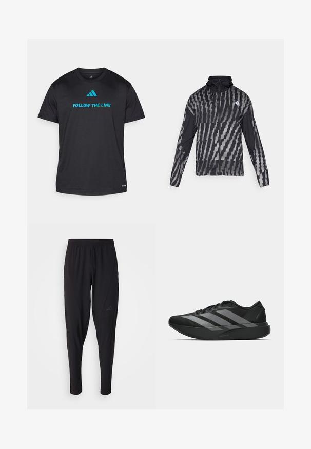 Jachetă neagră ușoară cu un model geometric alb. Include un guler înalt, fermoar pe toată lungimea din față și mâneci lungi.; Tricou sport negru, dintr-un material ușor, cu inscripția "URMEAZĂ LINIA" în albastru aprins și un mic logo aproape de tiv.; Pantaloni atletici negri cu o talie elastică, design conic, buzunare laterale și detalii subtile cu logo. Fabricat dintr-un material flexibil și respirabil.; Pantofi sport negri cu un design ușor, prezentând trei dungi gri proeminente, o textură netedă și o talpă conturată.