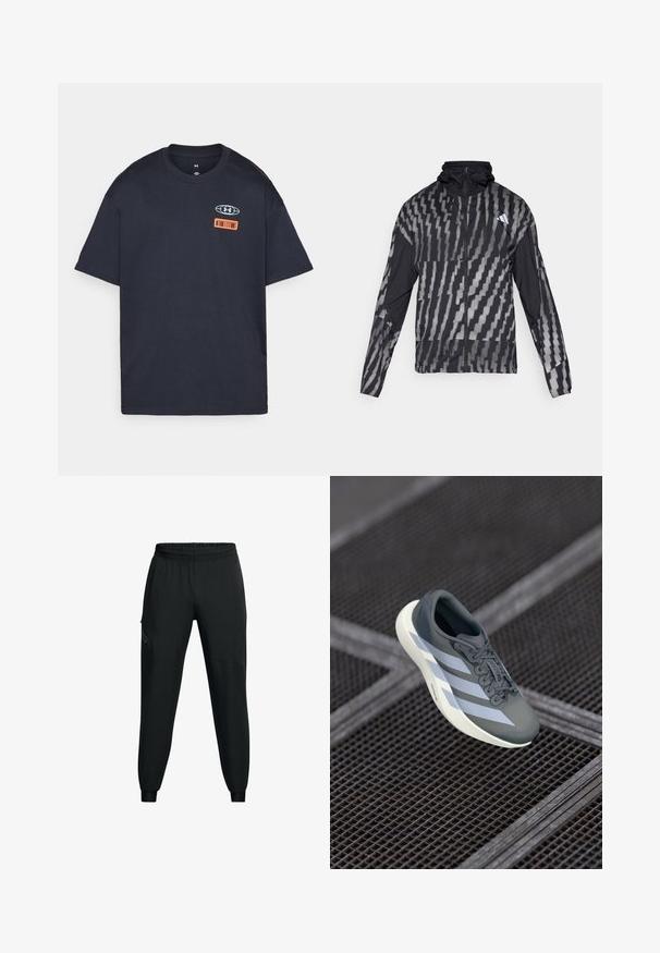 Lightweight black jacket featuring a geometric white pattern. Includes a high collar, full zip front, and long sleeves.; Navy blue cotton t-shirt with short sleeves, featuring a logo graphic in light blue and an orange rectangular label on the front.; Black athletic pants with an elastic waistband, tapered leg design, side pockets, and contrasting panel details. Lightweight, smooth fabric.; Sport shoe in gray and white, made of synthetic material, with a streamlined design, textured finish, and prominent lacing system.