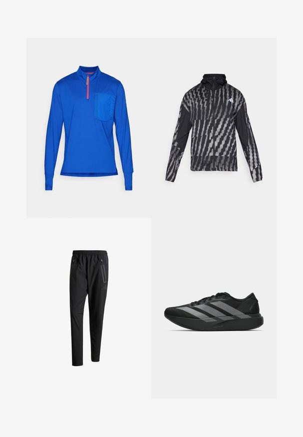 Leichte schwarze Jacke mit einem geometrischen weißen Muster. Enthält einen hohen Kragen, einen durchgehenden Reißverschluss und lange Ärmel.; Langärmliges, halb-zip Oberteil aus leuchtend blauem Stoff. Mit einer Brusttasche und kontrastierendem roten Reißverschluss. Glatte Textur, sportlicher Schnitt.; Schwarze Sporthose mit elastischem Bund, zwei Reißverschlusstaschen an den Seiten, schmal zulaufenden Beinen und einem dezenten Logo-Detail an der Hüfte.; Schwarze Sportschuhe mit einem leichten Design, ausgestattet mit drei auffälligen grauen Streifen, einer glatten Textur und einer konturierten Sohle.