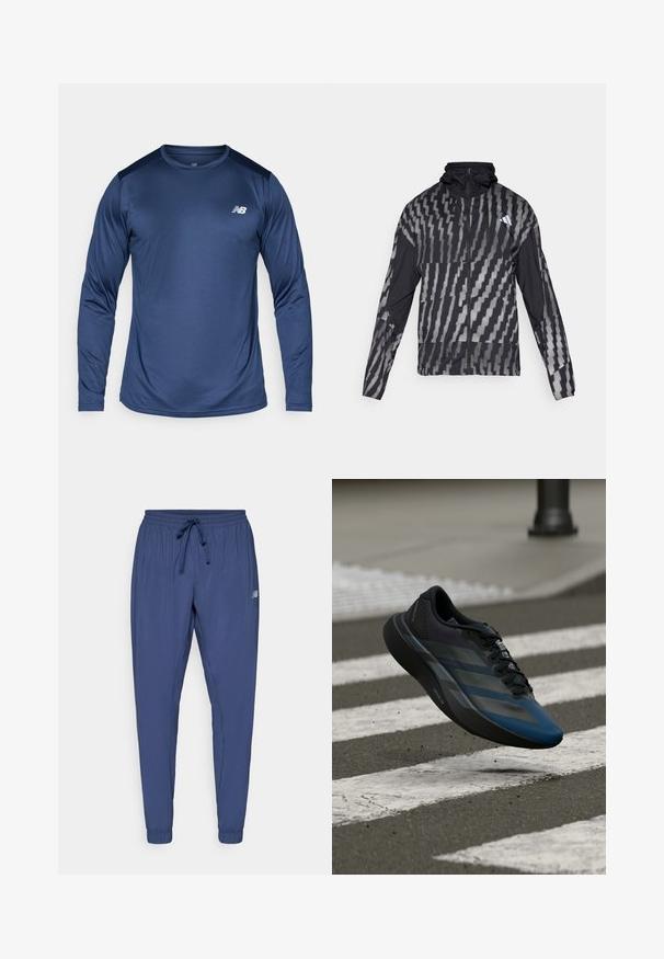 Lehká černá bunda s geometrickým bílým vzorem. Obsahuje vysoký límec, celoplošný zip a dlouhé rukávy.; Navy modrá sportovní košile s dlouhým rukávem, vyrobená z texturované tkaniny, má kulatý výstřih a kontrastní akcenty na ramenou. Logo je umístěno na hrudi.; Námořnické modré sportovní kalhoty s elastickým pasem, šňůrkou na stažení a zúženými manžetami. Obsahují boční kapsy a malé logo na jedné nohavici.; Černá a modrá sportovní obuv s aerodynamickým designem, s texturovaným svrškem, kontrastními pruhy a polstrovanou podešví, visící nad chodníkem.