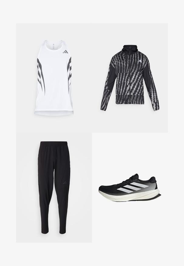 Kevyt musta takki, jossa on geometrinen valkoinen kuvio. Sisältää korkean kauluksen, täyden vetoketjun edessä ja pitkät hihat.; Valkoinen urheilullinen tank top, jossa on verkkomainen tekstuuri, mustia vinoraitoja ja Adidas-logo kaula-aukon läheisyydessä. Racertakasuunnittelu.; Mustat urheiluhousut, joissa on joustava vyötärö, kapeneva malli, sivutaskut ja hillitty logoyksityiskohta. Valmistettu joustavasta ja hengittävästä kankaasta.; Musta urheilukengä, jossa on verkkomaisia yksityiskohtia, valkoiset raidat, pyöristetty kärki ja pintakuvioitu pohja pidon ja tuen tarjoamiseksi.