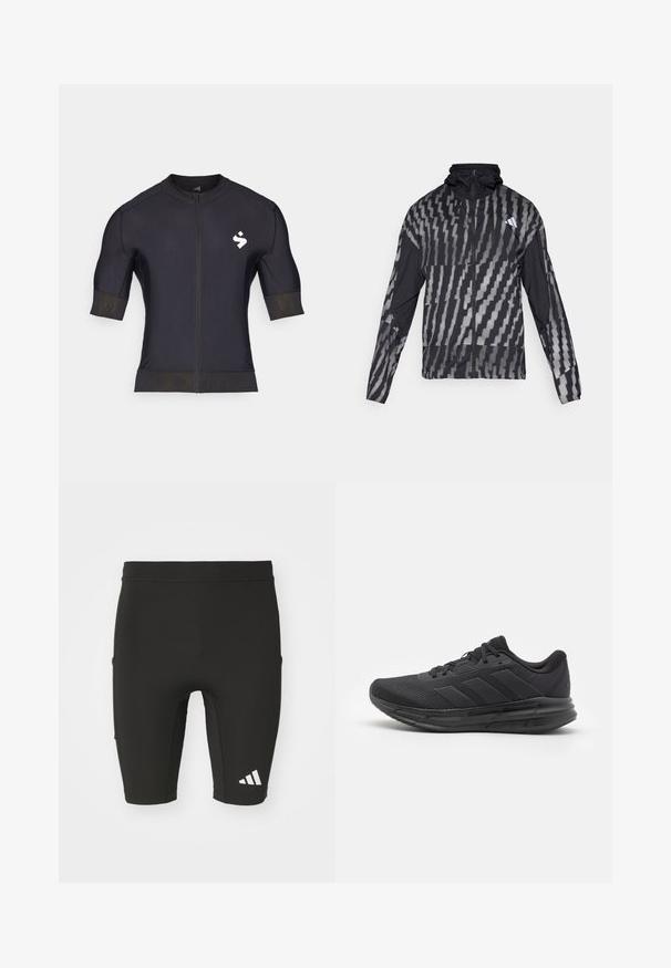 Viegls melns jaka ar ģeometrisku baltu rakstu. Iekļauj augstu apkakli, pilnu rāvējslēdzēju priekšpusi un garas piedurknes.; Melnā blūze ar rāvējslēdzēju un īsām piedurknēm, izgatavota no gludas auduma. Uz kreisā krūšu apvidus ir mazs balts logo, un piedurkņu gali ir ar teksturētu apdari.; Melnas sporta bikses ar pieguļošu dizainu, izgatavotas no stiepļu auduma. Tām ir trīs kabatas un balts Adidas logotips apakšstilbā.; Melnas sporta kurpes ar sietiņveida augšdaļu, gumijas zoli, teksturētu dizainu un trim svītrām sānos. Putu mīkstinājums ērtībai.