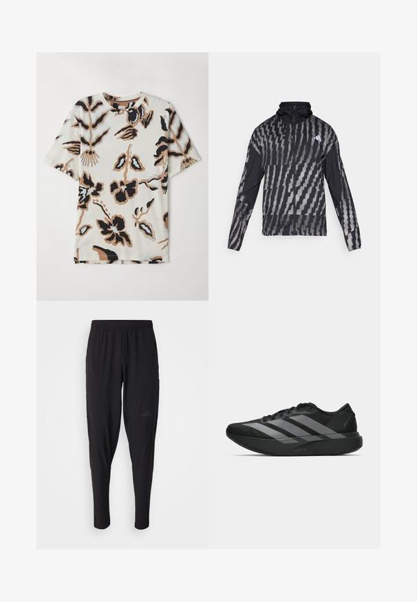 Lightweight black jacket featuring a geometric white pattern. Includes a high collar, full zip front, and long sleeves.; Short-sleeve T-shirt made of soft fabric, featuring a cream background with abstract floral patterns in black, brown, and light blue.; Black athletic pants with an elastic waistband, tapered design, side pockets, and subtle logo detail. Made from flexible, breathable fabric.; Black athletic shoes with a lightweight design, featuring three prominent gray stripes, a smooth texture, and a contoured sole.