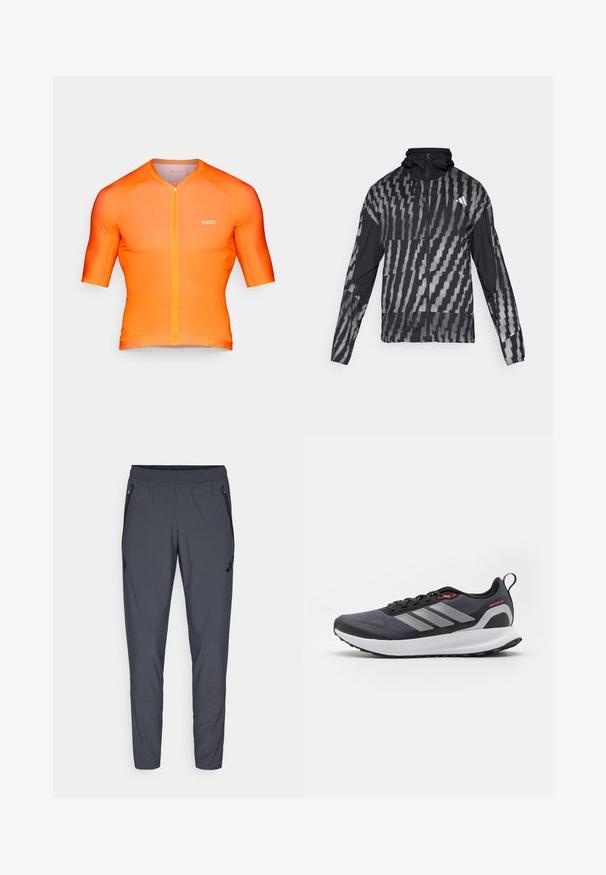 Lightweight black jacket featuring a geometric white pattern. Includes a high collar, full zip front, and long sleeves.; Short-sleeved cycling jersey in gradient orange, made of stretch fabric, features a zippered front, round neckline, and small logo on the front.; Gray athletic pants with an elastic waistband, zippered side pockets, and a logo detail on the left thigh. Made of lightweight fabric.; Running shoes in black with gray accents. Features a textured upper, sturdy sole, and reflective stripes. Lightweight design with a cushioned midsole.