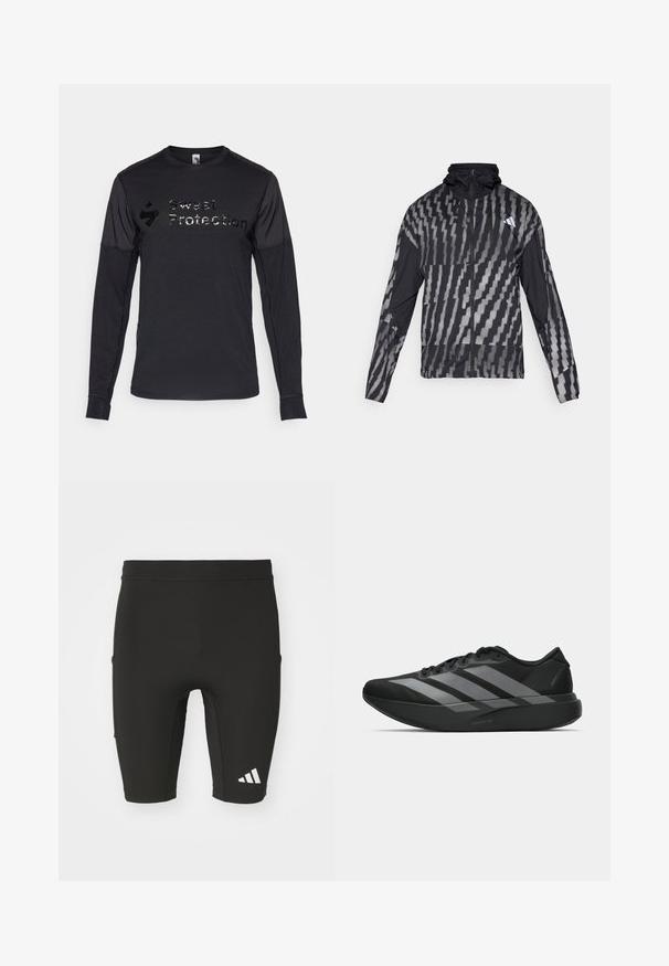 Könnyű fekete dzseki, geometrikus fehér mintával. Magas gallérral, teljes cipzárral és hosszú ujjal rendelkezik.; Hosszú ujjú fekete sportpóló, texturált anyagból, fényes "Sweet Protection" logóval a mellkason. Puha és testhezálló kialakítás.; Fekete sportnadrág, illeszkedő kialakítással, rugalmas anyagból készült. Három zseb található rajta, és a bal alsó lábán fehér Adidas logó látható.; Fekete sportcipők könnyű kialakítással, három kiemelkedő szürke csíkkal, sima textúrával és kontúros talppal.
