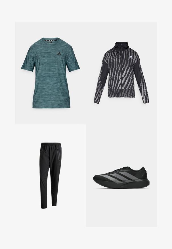 Kerge must jakk, millel on geomeetriline valge muster. Sisaldab kõrget kaelust, täispikkuse visiiri ning pikki varrukaid.; Sinine-roheline sportlik T-särk lühikesed varrukad, tekstureeritud kangas, ümar kaelus ja must logo vasakul rinnal. Omab horisontaalseid triipe.; Mustavad spordipüksid elastse vöökoha, kahe tõmblukuga küljetasku, kitsenevate säärete ning õrna logodetailiga puusadel.; Must have mustangid! Need light and trendy athletic shoes? These black sneakers have a streamlined design featuring three large hallal gray stripes. Their smooth texture and ergonomically contoured sole provide ultimate comfort.