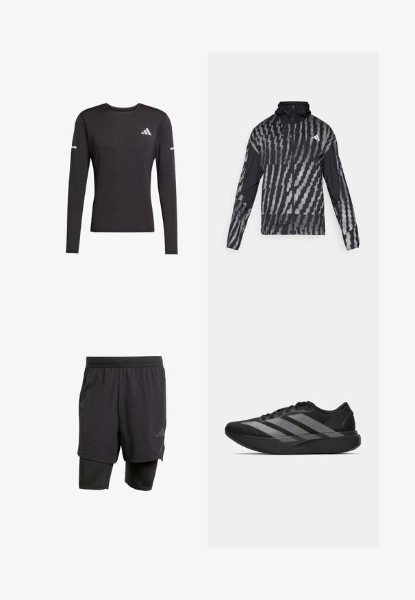 Lightweight black jacket featuring a geometric white pattern. Includes a high collar, full zip front, and long sleeves.; Black long-sleeve athletic shirt made of smooth fabric, featuring a round neck, reflective accents on sleeves, and a logo on the chest.; Black athletic shorts with integrated inner layer, made from breathable fabric. Features subtle logo and structured texture. Adjustable waistband.; Black athletic shoes with a lightweight design, featuring three prominent gray stripes, a smooth texture, and a contoured sole.