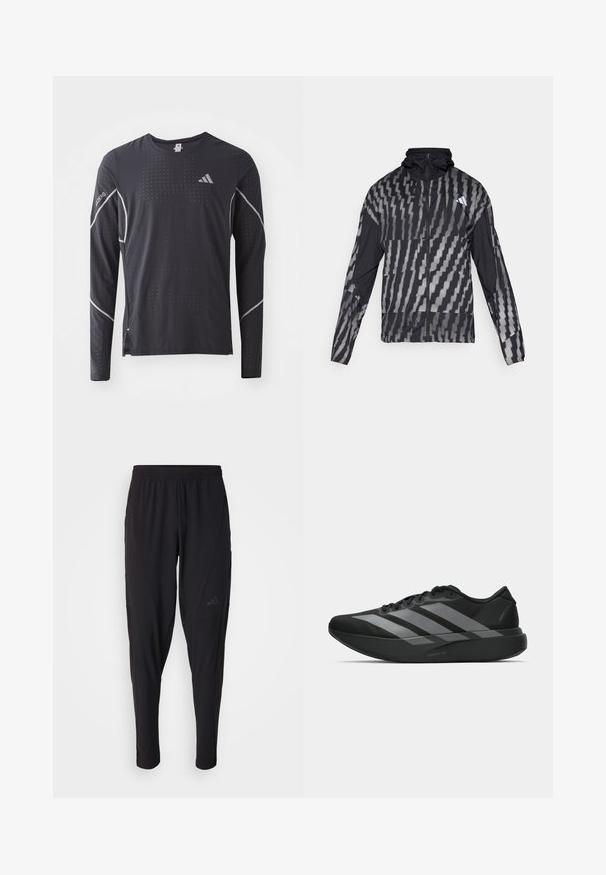 Lettet sort jakke med et geometrisk hvidt mønster. Inkluderer en høj krave, fuld lynlås fortil og lange ærmer.; adidas Performance TEE - Langærmet T-shirt - black; Sorte træningsbukser med elastisk talje, tætsiddende design, sidelommer og diskret logo-detail. Fremstillet af fleksibelt, åndbart stof.; Sorte atletiske sko med et let design, der har tre fremtrædende grå striber, en glat overflade og en formet sål.